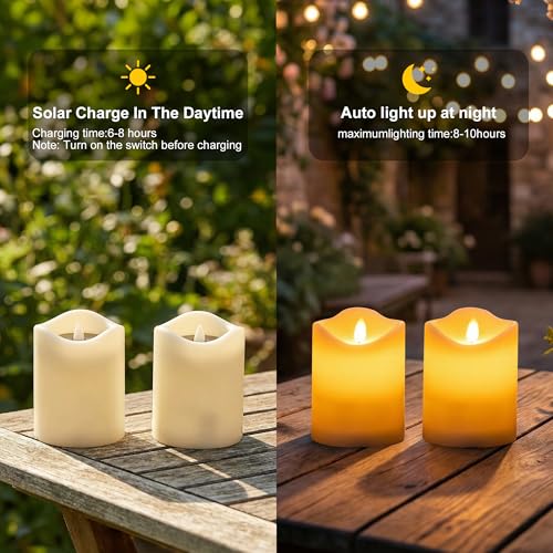 Livinlarge 4 Pack Outdoor Solar Powered Candles, 3"x4" Rechargeable Dusk to Dawn Lighting, Flameless Flickering Pillar LED Votive Candle, IP65 Waterproof for Patio Yard Deck Window Table Decor - color: D3"xH4", 4 PCS