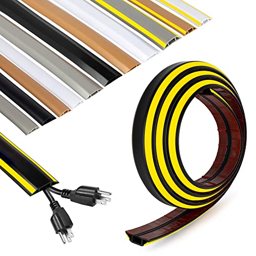 Rubber Bond Cord Cover Floor Cable Protector - Strong Self Adhesive Floor Cord Covers for Wires - Low Profile Extension Cord Covers for Floor & Wall - color: Black Stripped - Two Thick Cords, size: 4 Feet