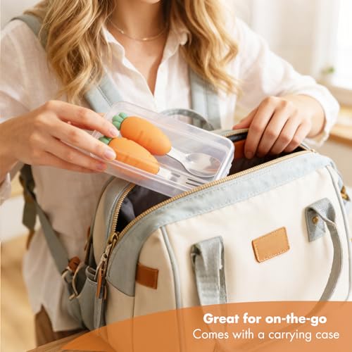 Baby Fork and Spoon Set with Carry Case Baby Training Utensils Self Feeding Toddler Silverware Silicone and Stainless Steel Kids and Toddler Utensil Set-Carrot - color: Carrot