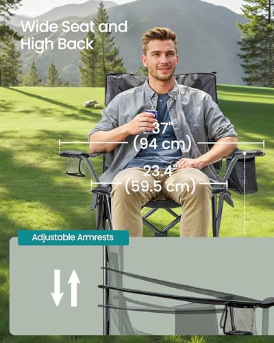 SONGMICS Camping Chair, Folding Oversized Chair, Comfortable and Heavy-Duty, 352 lb Weight Capacity, Adjustable Armrests with Cooler Bag, Storage Bag, Breathable Mesh, Slate Gray UGCB060G01 - color: Grey, style: 1PC (24.8"D x 37"W x 38.6"H)