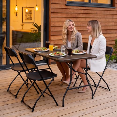 Folding Table 5ft - Heavy Duty Fold-in-Half Plastic Table, Portable Utility Tables with Steel Legs for Indoor, Outdoor, Picnic, Camping, Dining, Party (Brown) - color: Brown, size: 5ft