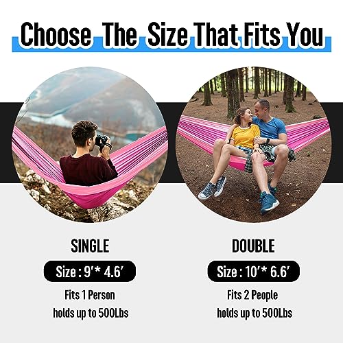 Grassman Camping Hammock Double & Single Portable Hammock with Tree Straps, Lightweight Nylon Parachute Hammocks Camping Accessories Gear for Indoor Outdoor Backpacking, Travel, Hiking, Beach - color: Pink, size: One Person