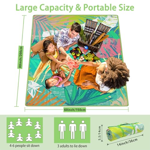 Supfitness Extra Large Picnic Blankets Waterproof Foldable (60 "x 80") Beach Blanket Waterproof Sandproof,3-Layer Thicking Mat Outdoor Packable Camping Blanket - color: Lake Green, size: 60x80in