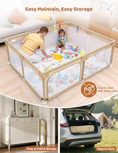 Dripex Baby Playpen with Mat, 71"x59" Play Pen for Toddlers 1-3 Years, Soft Breathable Visible Mesh, Indoor/Outdoor Portable Play Yard with Mat, Safe Baby Fence Play Area, Beige - color: Beige, size: 71"×59" with Mat