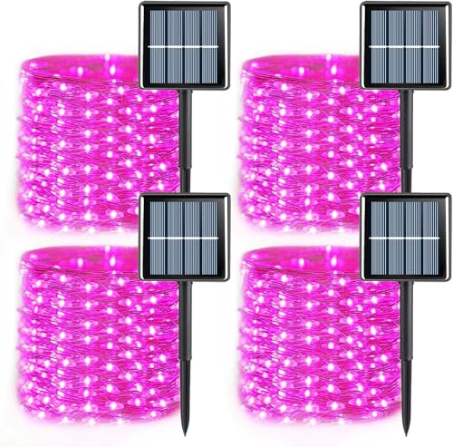 YEGUO 4 Pack Pink Solar Fairy Lights, Each 33ft 100 LED Christmas Lights Outdoor Waterproof, 8 Modes Sliver Wire Solar String Lights - color: Pink