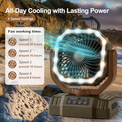 Odoland Portable Camping Fan with LED Lantern, 20000mAh Rechargeable Battery Powered Fan with Auto Oscillation, Timer, Remote, 360° Rotation Hook, 4 Speeds for Power Outage Travel Home,Brown - color: Brown