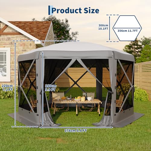 GarveeLife 11.5x11.5FT 6-Sided Pop Up Gazebo Tent，One-Push Setup Canopy Tent with Mesh Panels & Removable Wind Cloths, Outdoor shelter for Camping, Backyard Parties, Outdoor Events - Grey - color: Gray, size: Traditional Top - 11.5ft