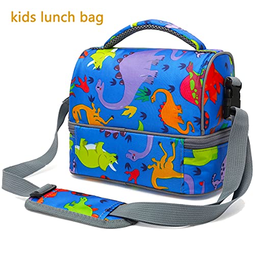 FlowFly Kids Double Decker Cooler Insulated Lunch Bag Large Tote for Boys, Girls, Men, Women, With Adjustable Strap, Dinosaur - color: Dinosaur