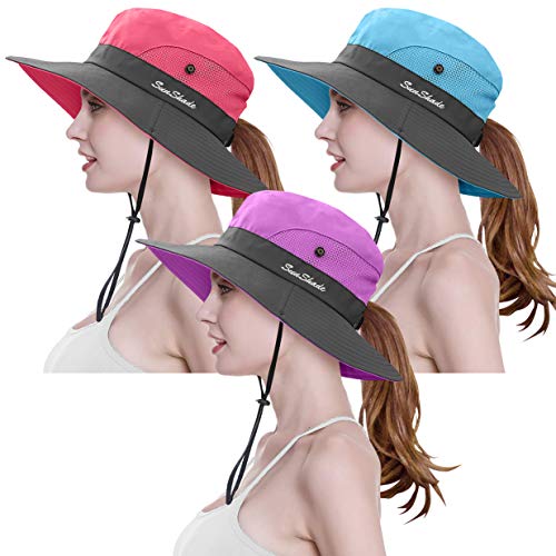 3 Pieces Womens Ponytail Wide Brim Sun Hat Packable UV Protection Beach Cap for Fishing & Hiking - color: Purple＆watermelon Red＆sky Blue