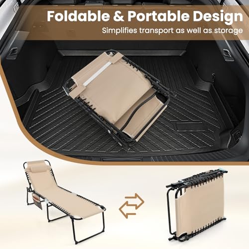 GYMAX Lounge Chairs for Outside, Extra High Folding Beach Tanning Lounger with Adjustable Backrest, Footrest & Removable Pillow, Sunbath Lounge for Patio, Lawn, Poolside (1, Beige with Pocket) - color: Beige With Pocket