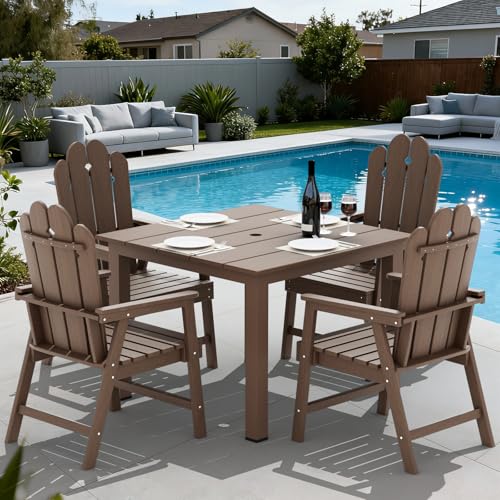 5-Piece Patio Dining Set, Outdoor Dining Set for 4, HDPE All-Weather Outdoor Furniture with 35.43” Umbrella Hole Table, 4 Armchairs, Brown - color: Brown, size: 4 Armchairs