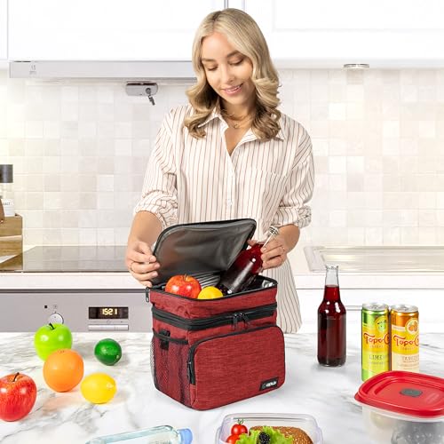 opux Insulated Lunch Bag for Men Women, Large Dual Compartment Cooler Bag, Soft Two Deck Lunch Box for Work School Picnic, Leakproof Lunch Tote with Shoulder Strap for Kid Adult (Red, Double Deck) - color: Heather Red, size: Double Deck