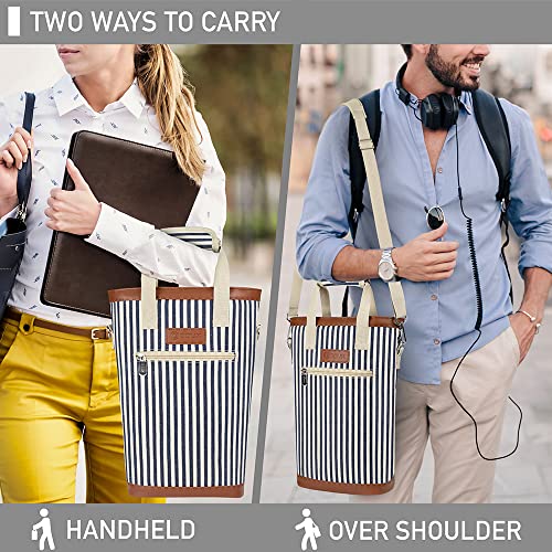 opux Two Bottle Wine Bag Carrier Tote, Insulated Leakproof 2 Bottle Wine Cooler Bag for Travel BYOB Picnic, Portable Wine Case, Gift for Men Women Wine Lover Birthday Party Christmas, Navy Stripes - color: Navy Stripes