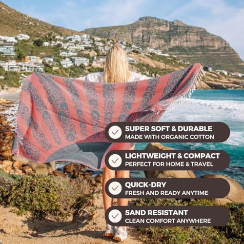 FESHKA Sand Free Turkish Beach Towel (37 x 67) Quick Dry Bath Towel, Oversized Beach Blanket, Lightweight for Travel - Made with 100% Organic Turkish Cotton - Golden Hour (Maroon/Dark Navy) - color: 15 - Maroon/Dark Navy