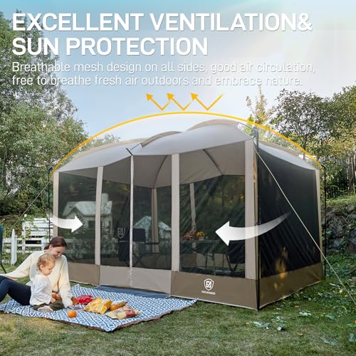 EVER ADVANCED Magnetic Screen House Room 11x9ft, Hands-Free Entry,Screenhouse with Sun Protection for Camping&Picnic, 11x9ftCamping Tent Canopy Shelter with Mesh, Brown - color: Brown
