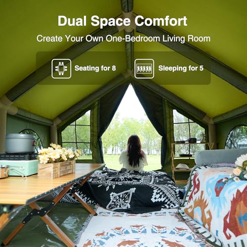 KNUO Inflatable Camping Tent, Large Blow-Up Air Tent, No Assembly Needed Luxury Glamping House, Oxford Fabric - color: Field Green-Dual-layer Doors, size: 10x10ft