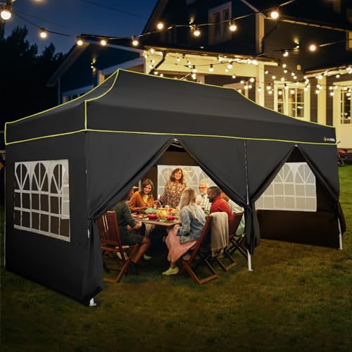 HOTEEL 10x20 Heavy Duty Pop Up Canopy Tent with Sidewalls, Commercial Outdoor Canopy Tents for Parties Event Wedding with Roller Bag, Waterproof & UV 50+, Upgraded Thickened Hexagonal Legs, Black - color: Black, size: 10x20FT (+6 Walls)
