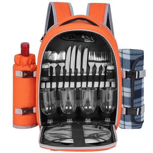 Picnic Backpack for 4 Persons with Insulated Leakproof Cooler Compartment, Cutlery Sets, Wine Holder, Fleece Blanket, Wedding Gifts for Couples, Perfect for Beach, Camping, Hiking, Orange - color: Orange, size: For 4 Persons