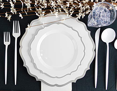 PLASTICPRO 32 Pack Elegant Disposable Plastic Plates Combo Set Includes 16 Dinner Plates and 16 Salad Plates Heavy Duty Fancy Party Plates White & Silver Contemporary Design - color: White & Silver Contemporary