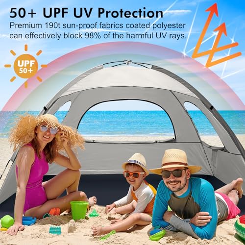 WhiteFang Beach Tent Anti-UV Portable Sun Shade Shelter for 3/4/6/8 Person, Extendable Floor with 3 Ventilating Mesh Windows Plus Carrying Bag, Stakes and Guy Lines - color: Baby's Breath, size: 3 Person