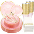 DaYammi 175 Pcs Pink Plastic Plates Dinnerware Set (25 Guests), Pink Disposable Plates, Hammered Party Platos Set Include Dinner Platos, Dessert Plates, Cups, Cutlery for Mother's Day Party - color: Clear Pink, size: 175 Pcs