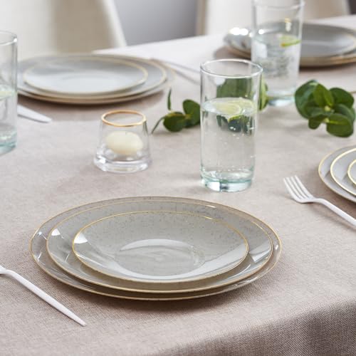 PLASTICPRO 32 Pack Elegant Disposable Plastic Plates Combo Set Includes 16 Dinner Plates and 16 Salad Plate Heavy Duty Fancy Party Plate Grey Granite Plates with Gold rim - color: Granite Collection Grey With Gold Rim