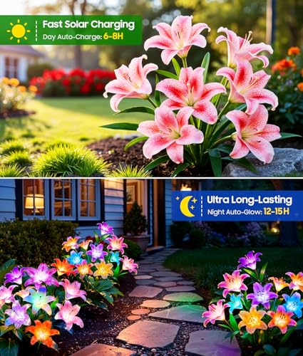 LETMY 8 Pack Solar Garden Lights, Solar Flower Lights with 6 Head Bigger Lily Lights, IP65 Waterproof Solar Lights Outdoor, Decorative Lights for Garden, Patio, Yard, Flower Bed - size: 8 PACK