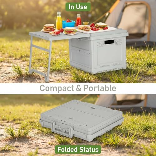2 in 1 Foldable Camping Storage Box with Extendable Table, 26L Collapsible Plastic Storage Bin with Handle, Stackable Waterproof Storage Crate for Camping Picnic Outdoor RV Home Organization