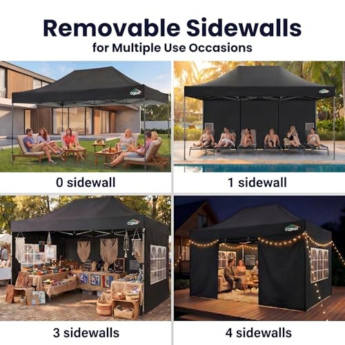 COBIZI 10x15 Pop up Canopy Tent 10x15 Canopy with 4 Sidewalls Waterproof Heavy Duty Commercial for Parties Outdoor Garden Gazebo Tent, Carry Bag(10x15ft, Black) - color: Black, size: 10X15FT 4 Sidewalls