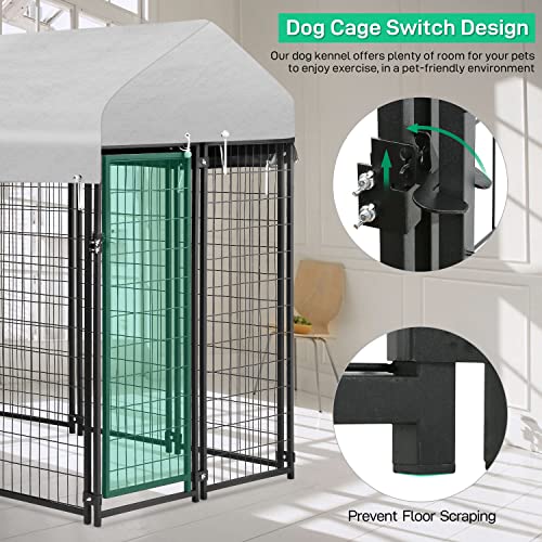 PayLessHere Welded Wire Dog Kennel Heavy Duty Playpen Included a Roof & Water-Resistant Cover Outdoor Heavy Duty Galvanized Metal Animal Pet Enclosure for Outside (8 x 4 x 6 Ft) - size: 94.0"L x 47.0"W x 71.0"H