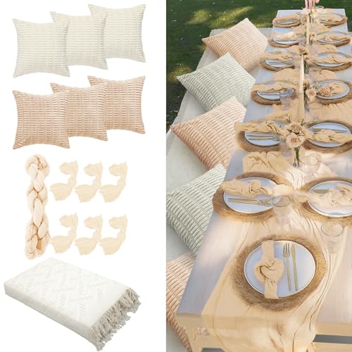 Beeveer 91 x 71 Extra Large Outdoor Boho Picnic Blanket with Beige White Table Runner, 6 Throw Pillow Covers 6 Napkins Woven Cotton Yarn Oversize Beach Blanket Washable Picnic Camp Wedding - color: Beige White