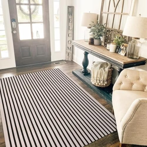 LEEVAN Black and White Striped Patio Outdoor Rug 5x8, Washable Living Room Bedroom Area Rug, Soft Cotton Blend Sturdy Carpet for Kitchen, Dining Room, Playroom, Mudroom, Sunroom - color: Black and White, size: 5' x 7'10" (Rectangular)