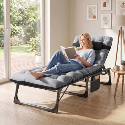 ABORON 3-in-1 Folding Patio Lounge Chair, 440LB Heavy-Duty Tri-Fold Guest Bed with Plush Cotton Cushion, No Assembly Adjustable Recliner for Office Nap, Patio Sunbathing, Poolside & Camping - color: Khaki Shadow