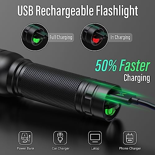 RECHOO Rechargeable Flashlights High Lumens, 2 Pack G1000 Super Bright Flash Light, Small Led Tactical Flashlight with 3 Lighting Modes, Portable Flashlights for Camping Home (Battery Included) - color: Black, size: 2 Pack