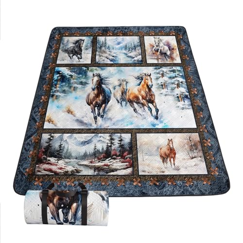 Outdoor Picnic Blanket Portable Ultrasonic Waterproof Picnic 3D Horse Printed Camping Beach Mat for Sand and Wet Grass Hiking (3D Horse L - color: 3d Horse, size: Extra Long - 78"x78"