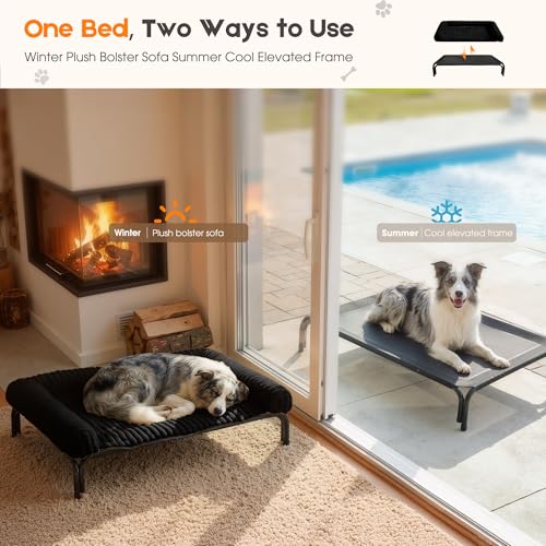 Elevated Dog Bed with Removable Fluffy Pillow Cushion, Raised Pet Cot Washable Bolster, Dog Couch Sofa, Anti Slip Feet, Breathable Mesh, Matte Black, 43"×32" - color: matte black, size: L(43"×32"×8")