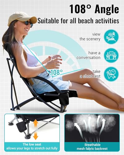 KingCamp Low Beach Chair, High Back Folding Camping Chair for Adults, Oversized Breathable Mesh Seat, 300lbs Heavy Duty Portable Chair with Cup Holder & Storage Pockets for Beach, Outdoor - color: Ergosolid C Black