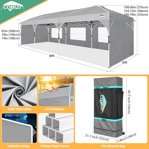 COBIZI 10x30 Party Tent: 10x30 Pop Up Canopy with Wheeled Bag - Tents for Parties with Patented Center-Lock Tech, 420D Waterproof Fabric, Easy Setup Canopy Tent with Removable Sidewalls, (Gray) - color: Gray, size: 10x30ft With 5 Sidewalls