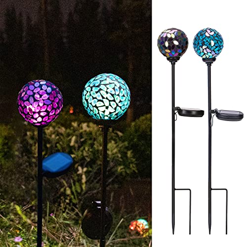 VCUTEKA Solar Garden Decorative Lights Outdoor, Mosaic Solar Light Waterproof LED Pathway Stake Light for Landscape Patio Yard Deck Walkway Decoration, 2 Pack （Blue&Purple） - color: Blue