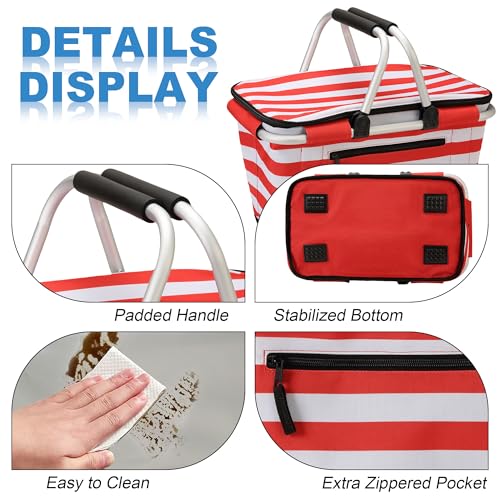 SIYUAN Picnic Basket with Handles 30L Leakproof Insulated Cooler Stripped Grocery Shopping Market Tote for Family Red White - color: Red White