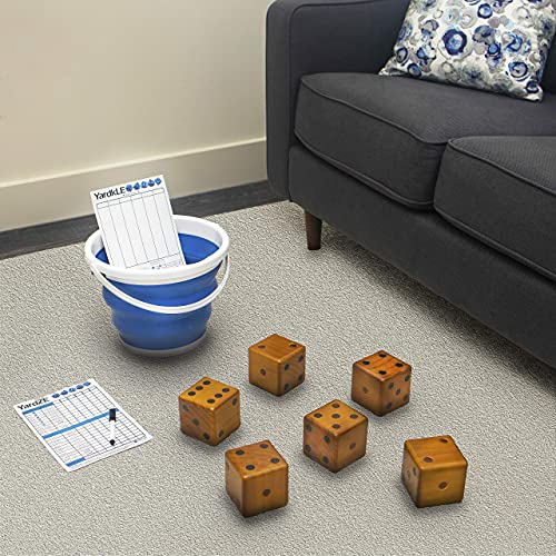 GETMOVIN SPORTS Stained Yardzee and Yard Farkle Dice Set (All Weather) Roll Bucket and Scorecard - Includes 6 Dice, Dry Erase Scorecard W/Marker, Roll Bucket, Lid for Storage (Dark Stain)