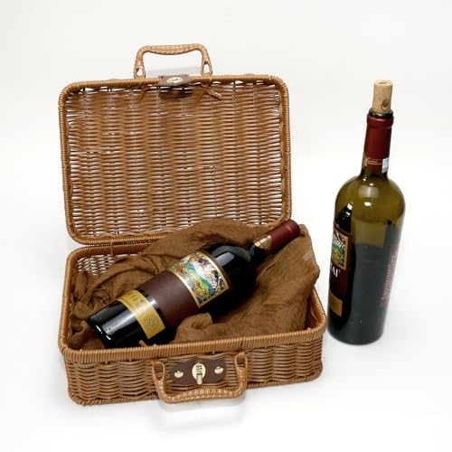 Mini Wicker Picnic Basket, Decorative Prop Suitcase Vintage Storage Hamper Makeup Organizer, 11.5" Metal Lock Plastic Rattan Storage Box with Handles for Sundries Travel Camping and Outdoor Party (L) - color: Brown, size: Large