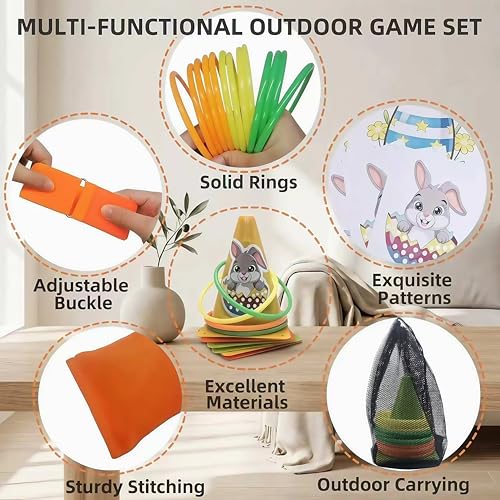 4-in-1 Plastic Carnival Party Games Set,Includes Ring Toss Games, Bean Bag Toss Games, Cones & 3-Legged Race Games, Sports & Outdoor Game Toys for Backyard, Birthday & Family Party