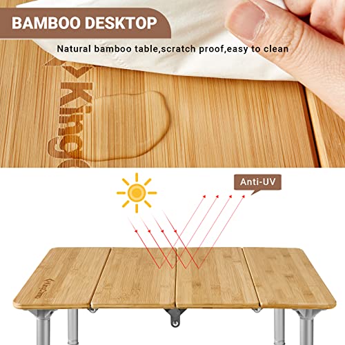 KingCamp Bamboo Folding Table Camping Table with Adjustable Height 4-Folds Compact Small Lightweight Portable Picnic Camp Table for Outdoor Backpacking Beach RV Travel Tailgating Barbecue, 1-2 People