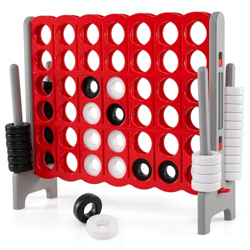 KOTEK Giant 4-in-a-Row Game, 3.5 Feet Tall Jumbo 4-to-Score Family Fun Game with Quick-Release Sliders & 42 Large Rings, Oversized Connect Plastic Yard Game Outdoor for Kids & Adults (Brown+Red) - color: Brown+red