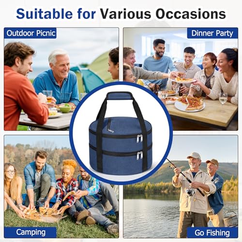 Round Double Insulated Casserole Carrier – 12" Portable Pie Carrier Bag for Hot or Cold Food, Leakproof Thermal Lunch Tote with Handle for Parties Picnic & Travel - Navy Blue - color: Navy Blue, size: Double