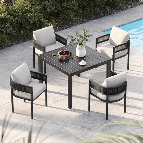 Grand patio 5-Piece Outdoor Dining Set for 4 with 1 Rectangle Expandable Table for 4-6 Person, Metal Woven Wicker Fixed Patio Chairs with Thickened Cushions for Yard, Poolside (Black) - color: Black, size: 5PCS