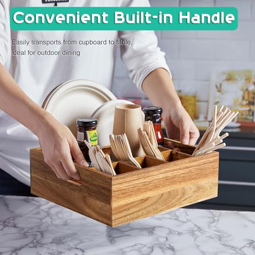 ALELION Acacia Wood Utensil Holder for Party - Paper Plate Organizer for Countertop - Silverware Caddy with 6 Compartments for Plate, Cup, Fork, Spoon - Cutlery Holder for Kitchen Camping Buffet - style: Acacia Wood