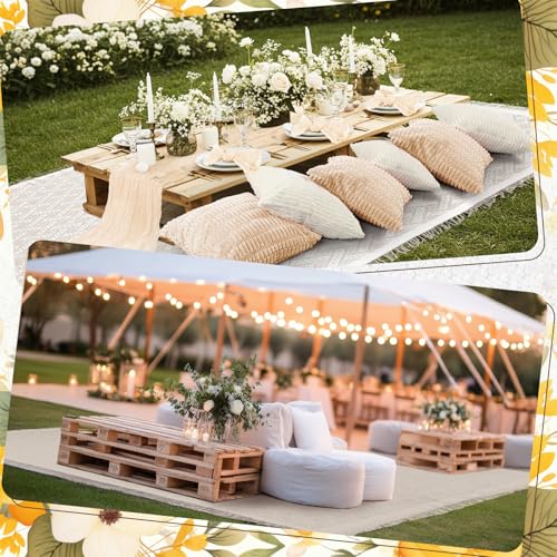 Beeveer 91 x 71 Extra Large Outdoor Boho Picnic Blanket with Beige White Table Runner, 6 Throw Pillow Covers 6 Napkins Woven Cotton Yarn Oversize Beach Blanket Washable Picnic Camp Wedding - color: Beige White