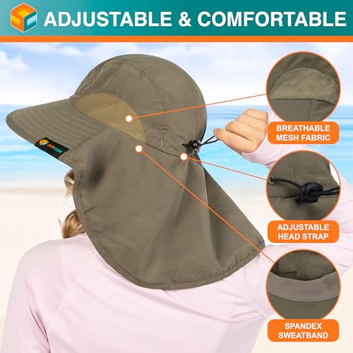 SUN CUBE Wide Brim Sun Hat with Neck Flap, UPF50+ Hiking Safari Fishing Hat for Men Women, Sun Protection Beach Hat - color: Olive